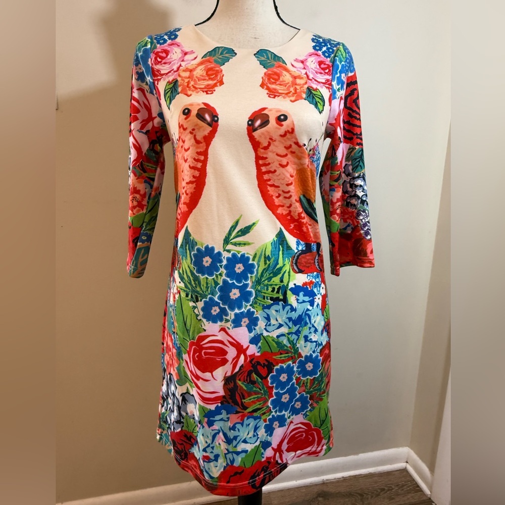 Miss Finch floral bird colorful statement midi dress SZ SM